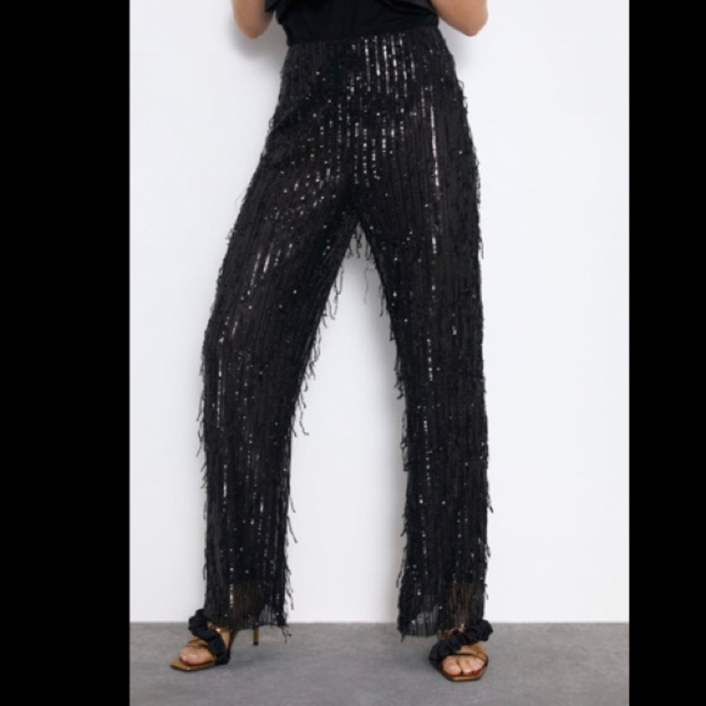 Zara black sequin fringe pants